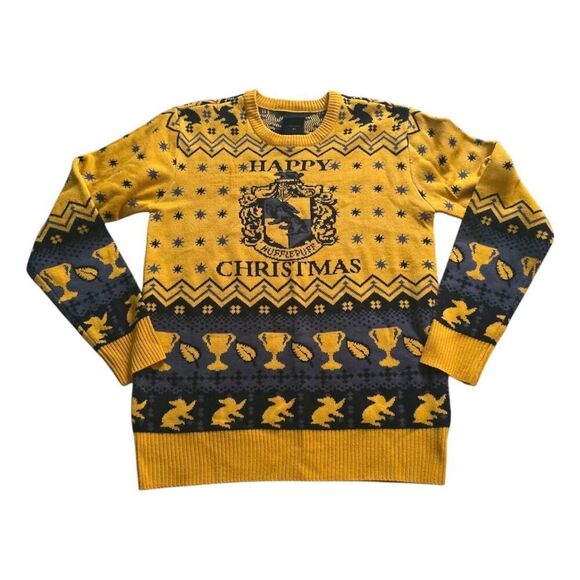 Harry Potter Hufflepuff Ugly Holiday Sweater Happy Christmas Adult SZ XS - Picture 1 of 5